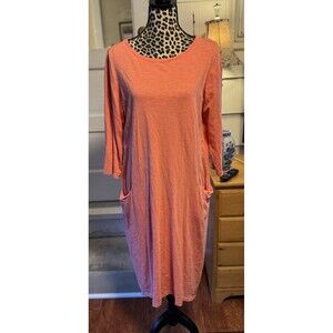 LOGO by Lori Goldstein Womens Cotton Slub Dress L Peach Lagenlook Pockets READ